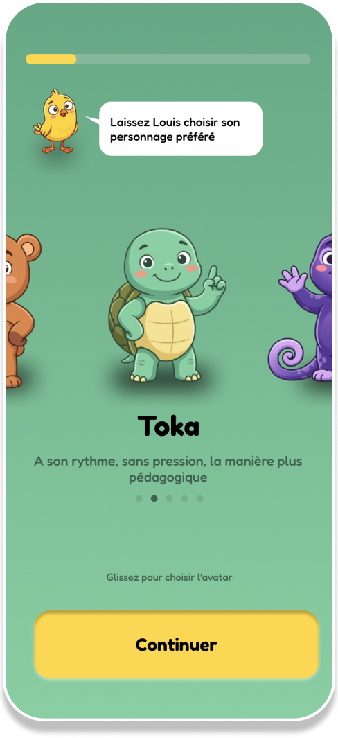 Écran de sélection d'avatar Kidagogy — Toka