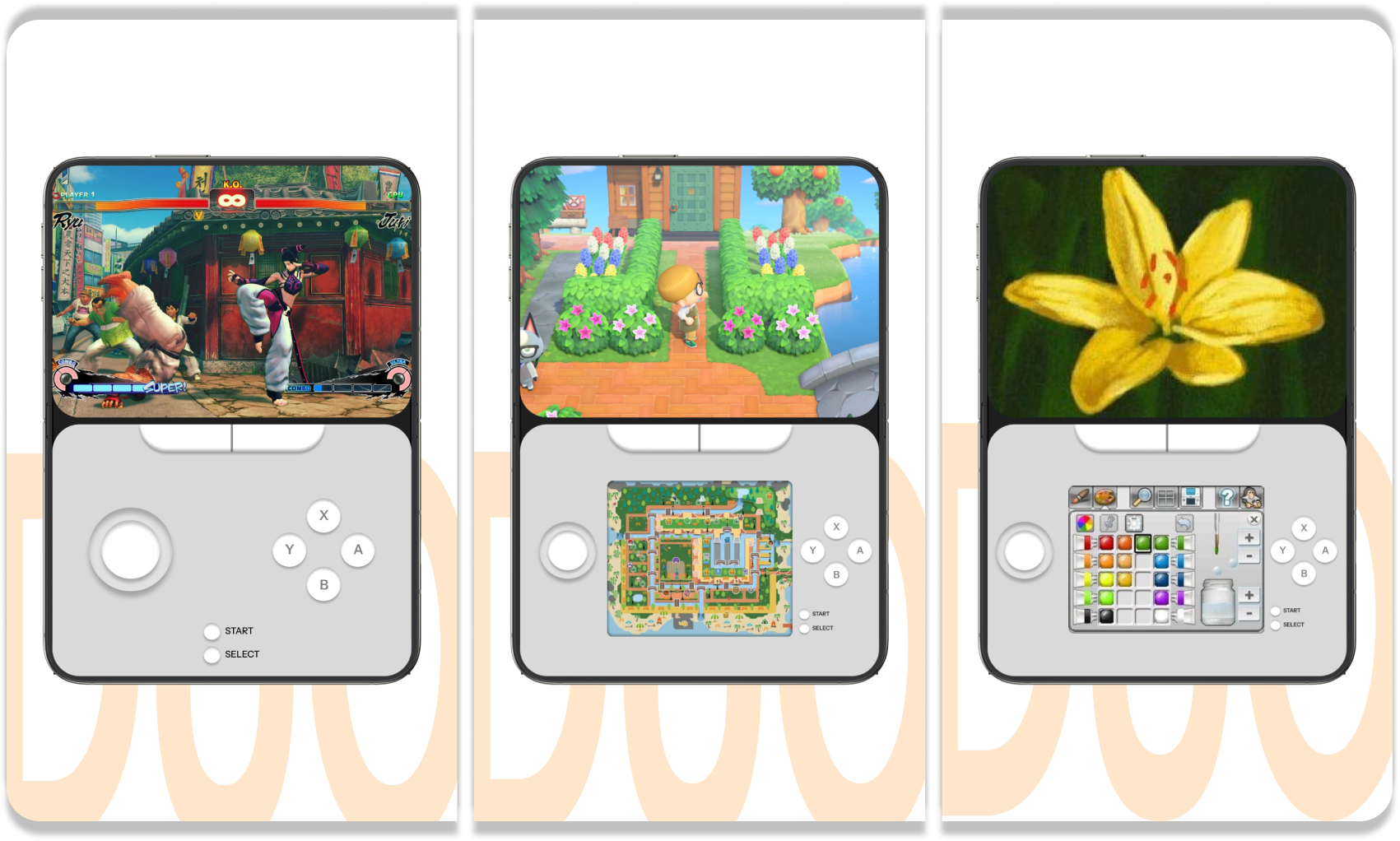 Portfolio d'apps mobiles — jeu de combat, Animal Crossing, éditeur de couleurs présentés sur des mockups console